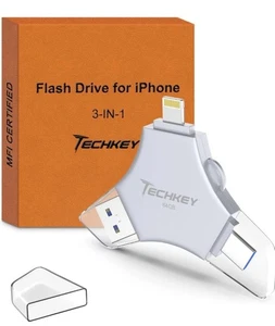 Techkey MFi Certified USB 3.0 Flash Drive 128GB iPhone 3in1 External Memory -NEW - Afbeelding 1 van 7