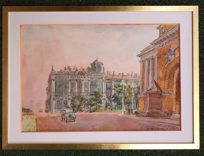 Tableau Aquarelle Encadrée Signée En Cyrillique de 1956 L'Ermitage Ecole Russe - Photo 1/4