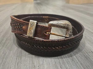 Vintage Tony Lama Tooled Belt Braided Silver Buckle USA Western Cowboy Sz 36 - Picture 1 of 10