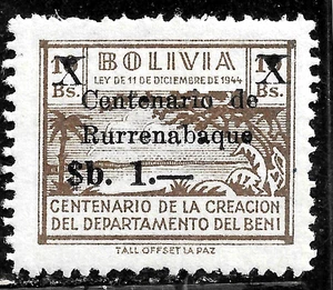 HICK GIRL- MINT BOLIVIA STAMP SC#RA7 1948 SURCHARGE BENI TAX K916 - Picture 1 of 2