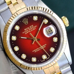 ROLEX DATEJUST MENS 16233 WATCH 18KY & SS RED VIGNETTE DIAMOND DIAL FLUTED - Picture 1 of 23
