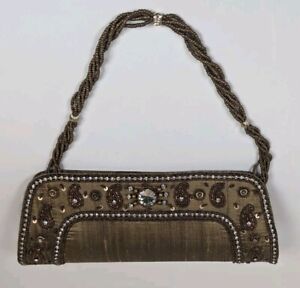 Gold Embroidered Evening Clutch Bag  Beads & Crystal Paisley Design Beaded Strap