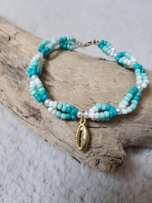 NEU * Perlen - Armband * Damen * Muschelanhänger* türkis * weiß - Bild 1 von 3