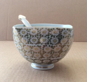 Schöne Vintage Floral Keramik Goldrand Quadrat Schüssel mit Löffel Made in Japan 3" hoch - Bild 1 von 12