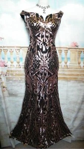 Evening Dress 10 Black Gold Sequin Quiz Ballgown Fishtail Bardot Stretch Deco - Picture 1 of 7