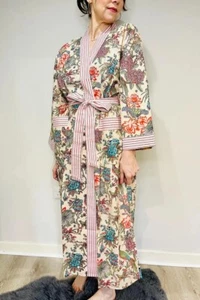 Indian Beige Peacock Cotton Robe Long Kimono Sleepwear Night Suit Kimono Robe US - Picture 1 of 6