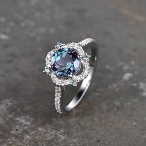 2.50 Ct Round Cut Simulated Alexandrite Halo Wedding Ring 14K White Gold Finish - Picture 1 of 6