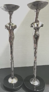 Vintage M. Aram Silver Plated Adam/Eve Tall Candlesticks Black Marble Base Burn - Picture 1 of 18