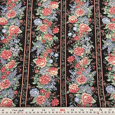 Vintage Joan Kessler for Concord Striped Florals Black Cotton Scrap 25" x 27" - Image 1 of 2