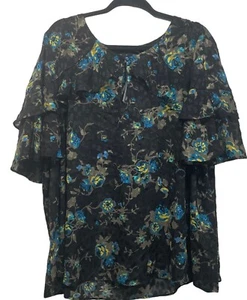 Lane Bryant Floral Burnout Blouse Black Blue Ruffled Boho Semi Sheer Sz 24 NWT - Picture 1 of 9