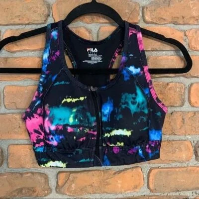 Sujetador deportivo FILA XS negro tie dye cremallera frontal multicolor entrenamiento atlético Foto 1 de 3
