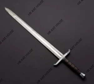 CUSTOM HANDMADE DAMASCUS STEEL SWORD VIKING WITH DAMASCUS GUARD LEATHER SHEATH - Picture 1 of 2