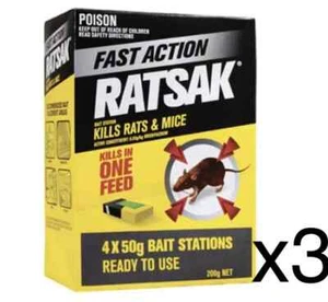 3x RATSAK Fast Action Rat And Mouse Bait Station 4 Pack - (in Total 12 Pack) . - Picture 1 of 1