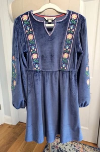 Mini Boden Girls College Navy Embroidered Velour Dress Hippie Boho Size 9-10 - Picture 1 of 7