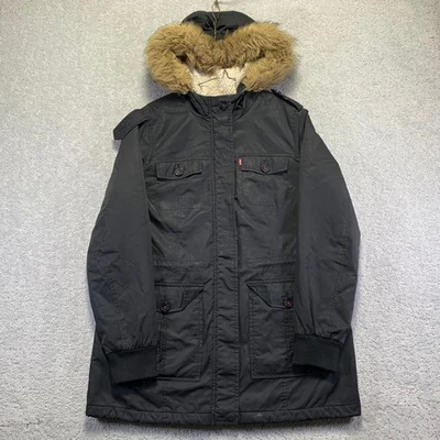 Chaqueta Levis Mujer Talla Grande Piel Negra Capucha Parka Sherpa Forrada Abrigo de Invierno Foto 1 de 4