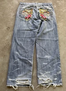 VTG Ed Hardy Thrashed Embroidered Tiger Mens Loose 36x34 Blue Jeans Y2K 9.5” Leg - Picture 1 of 24