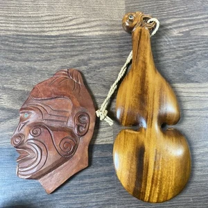 Vintage Maori Hand Carved Wood Kotiate War Club Abalone Eyes and Warrior Mask - Picture 1 of 10
