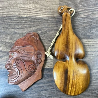 Vintage Maori Hand Carved Wood Kotiate War Club Abalone Eyes and Warrior Mask - Image 1 of 4