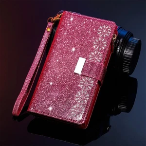 Funda tipo billetera con cremallera 9 tarjetas láser brillo soporte bolsa cubierta para varios teléfonos - Imagen 1 de 19