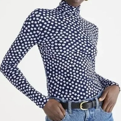 J crew matte jersey turtle neck navy with white floral long sleeve top size S - Image 1 of 4