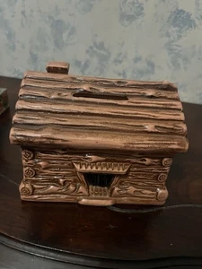 VINTAGE CERAMIC LOG CABIN BANK FOR LINCOLN PENNIES WITH STOPPER - Picture 1 of 8