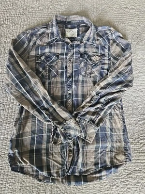 Camisa BKE Vintage Para Hombre Grande Azul A Cuadros Perla Occidental A Presión Rodeo Ajuste Estándar Foto 1 de 4