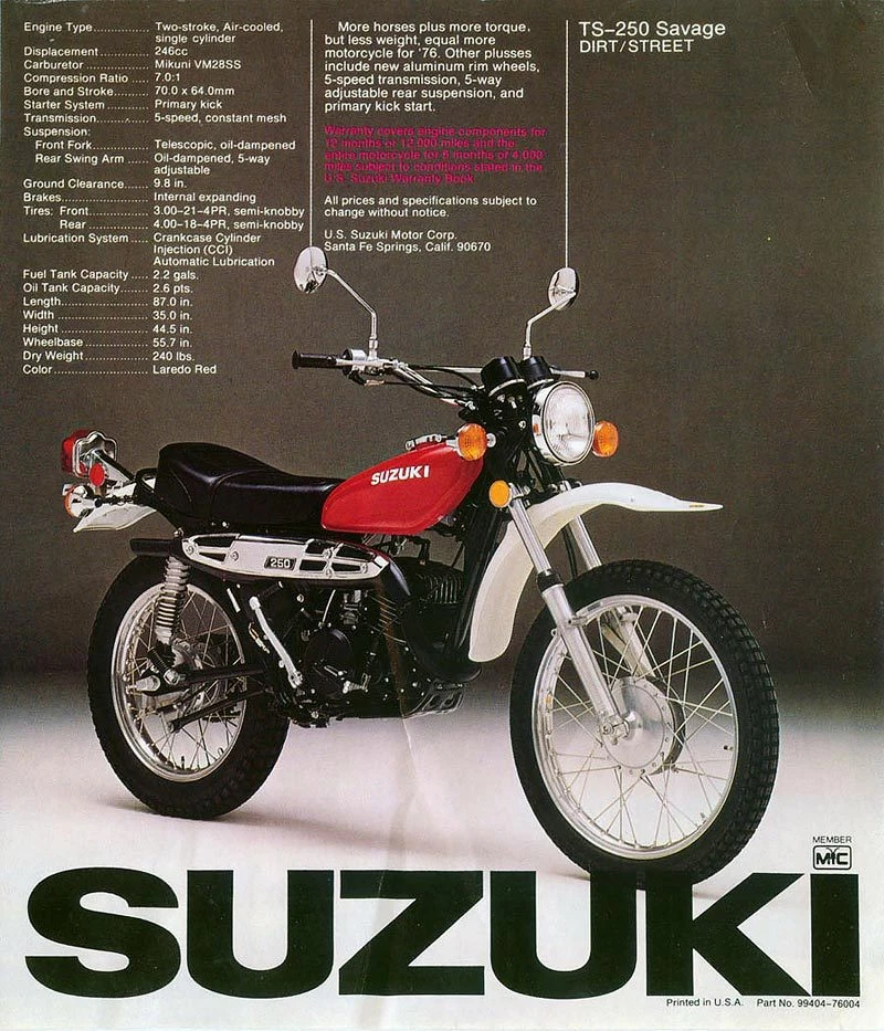 1976 SUZUKI TS-250 SAVAGE SALES SPECS AD/ BROCHURE  Foto 1 de 1