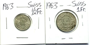 1963-B (2) Coin Lot Switzerland 1/2 Franc & 1 Franc VF/XF 83.5% Silver KM#23/24 - Picture 1 of 6