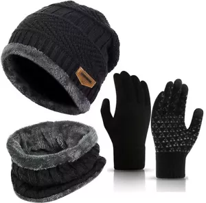 3-tlg Winter Warm Strick Mütze Schal Handschuhe Set Skihandschuhe Wintermütze - Bild 1 von 8