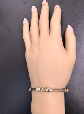 9ct Yellow & White Gold Bracelet Hollow Bar Stirrup Link 19cm Parrot Clasp - Imagem 1 de 4