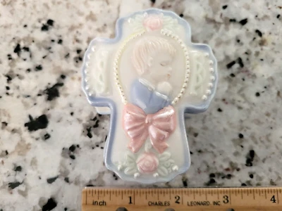 New in Box - Mini Ceramic Cross Trinket Box Baby Boy Praying Keepsake/Favors Box - Image 1 of 4