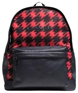 NWT Coach F71755 Red Houndstooth Printed Nylon/Leather Campus Backpack