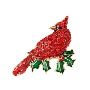 Cardinal Bird Brooch Pin With Red Crystals Enamel Holly Leaf Gold Tone - Picture 1 of 2
