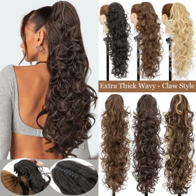 Garra en cola de caballo mandíbula extra gruesa cola de caballo clip en extensiones de cabello largo ondulado 24" Foto 1 de 4