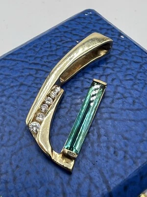 14k Gold Art Deco Diamond Green Tourmaline Pendant - Image 1 of 4