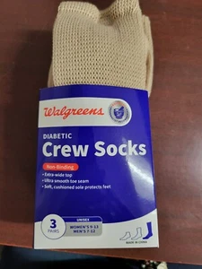 3 Pair Diabetic Crew Socks Tan Non-Binding Extra Wide Top Smooth Toe Cushioned - Picture 1 of 4