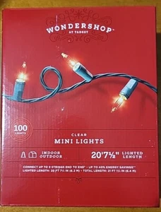Wondershop 100 ct Clear Mini Lights Green Wire indoor / Outdoor 24’8” Long. NEW - Picture 1 of 2