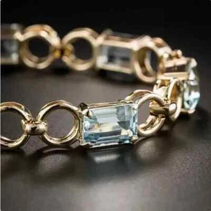7''Tennis Bracelet 5Ct Emerald Cut Lab Created Aquamarine 14k Yellow Gold Plated - Picture 1 of 9