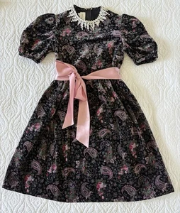 Vintage 80s Bonnie Jean Velvet Floral Lace Collar Party Dress Sz 12 - Picture 1 of 9