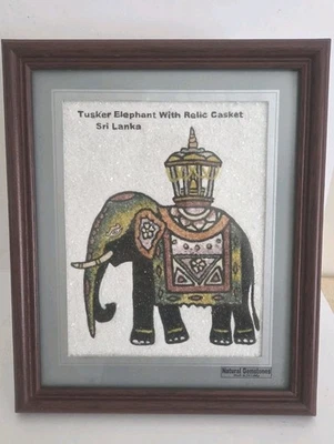 Framed Wall Art Tusker Elephant With Relic Casket Natural Gemstones Hand Made. - Image 1 of 4