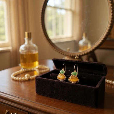 Liz Claiborne Vintage Tigers Eye Green Stone earrings Goldtone Pierced - Image 1 of 4