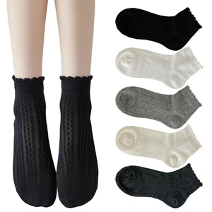 5 Pairs Women's Crochet Ankle Socks Hollow Out Scalloped Pointelle Socks - Picture 1 of 7