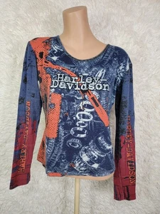 Vtg Harley Davidson Top Womens Size Medium Y2K Long Sleeve Raised Decal Cotton R - Picture 1 of 7