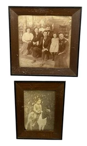 Antique Edwardian Wood Picture Frame W Photograph Boy On Horse & Family READ - Picture 1 of 13