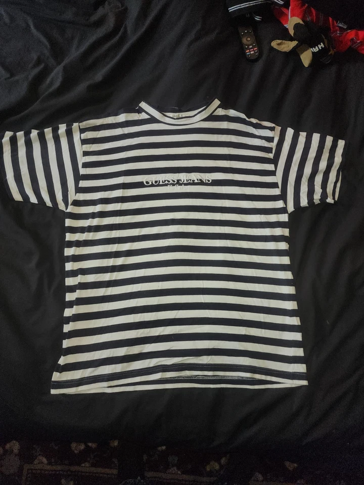 CAMISETA DE COLECCIÓN ADIVINA JEANS EE. UU. BORDADA SPELL OUT RAYAS NEGRA BLANCA XL Foto 1 de 3