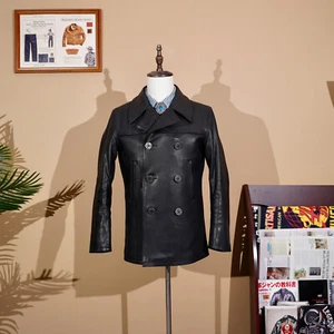 Men's Pea Coat 740 Double Breasted Calfskin Mid-length Genuine Leather Jacket - Picture 1 of 14