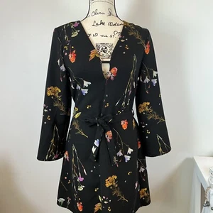 Topshop Floral Print Mini Dress Kimono Sleeve Tie Waist Black Size 6 - Picture 1 of 4