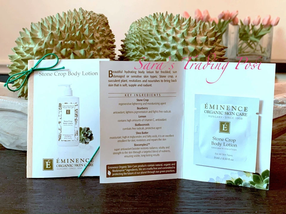 12 Amostras de Cartões LOÇÃO CORPORAL Eminence Stone Crop 3ml/0,10oz cada Fresco + Bônus 🎁 - Imagem 1 de 1