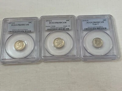 Lot 3 Roosevelt Dimes 1973 1974 1979 (Type 2) All S Mint PCGS PR69DCAM - Image 1 of 4