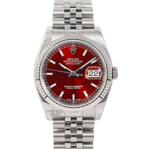 ROLEX DATEJUST 116234 S/STEEL 36MM JUBILEE WATCH RED INDEX DIAL 18K FLUTED BEZEL - Picture 1 of 9